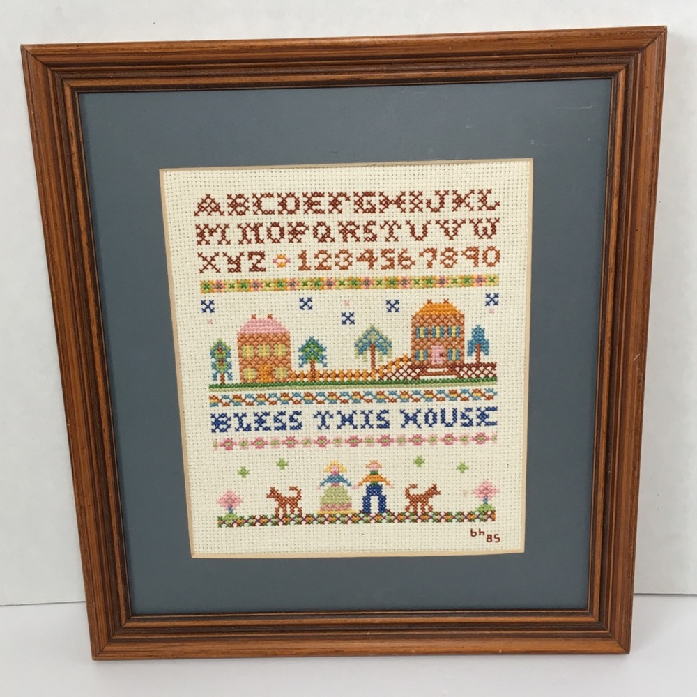 Vtg Cross Stitch Sampler Bless This House Framed - Picture 1 of 8